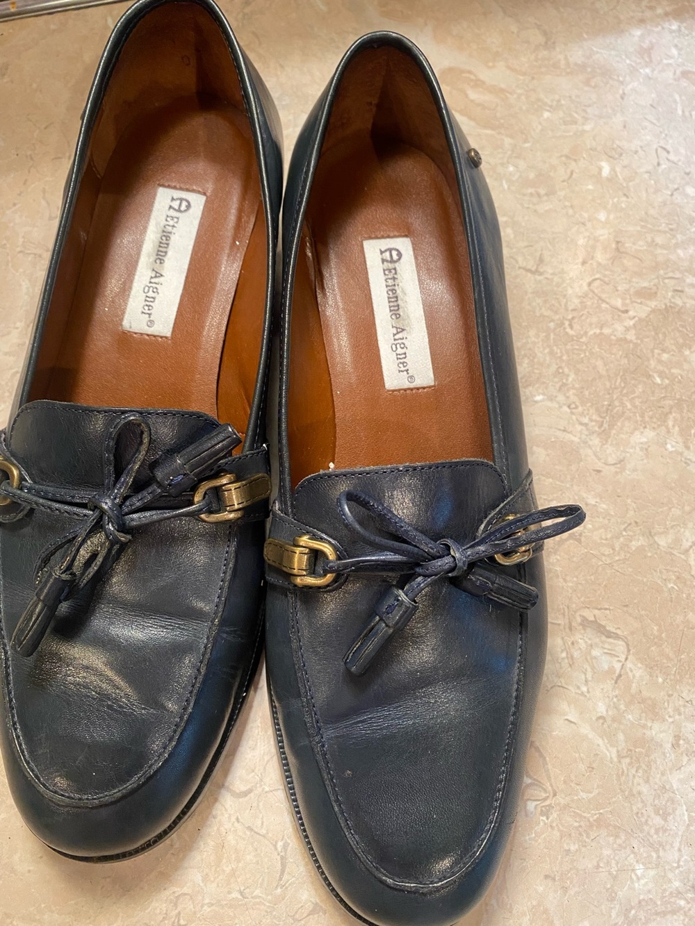 Etienne Aigner Navy Leather Tassel Loafers with Gold Bit